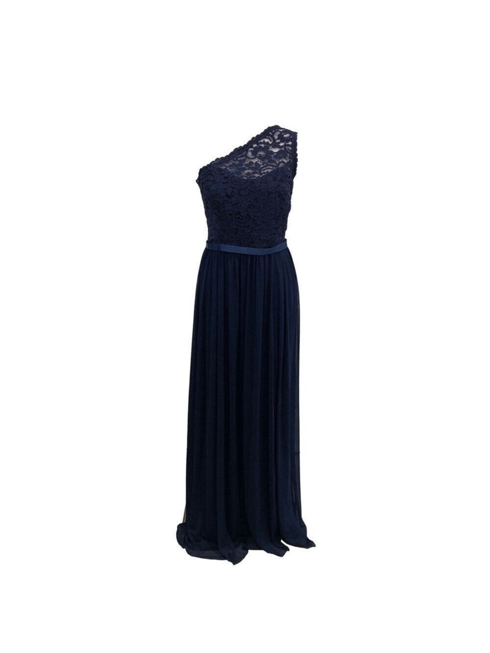 David’s Bridal Size 12 one shoulder lace top maxi gown dark blue evening formal